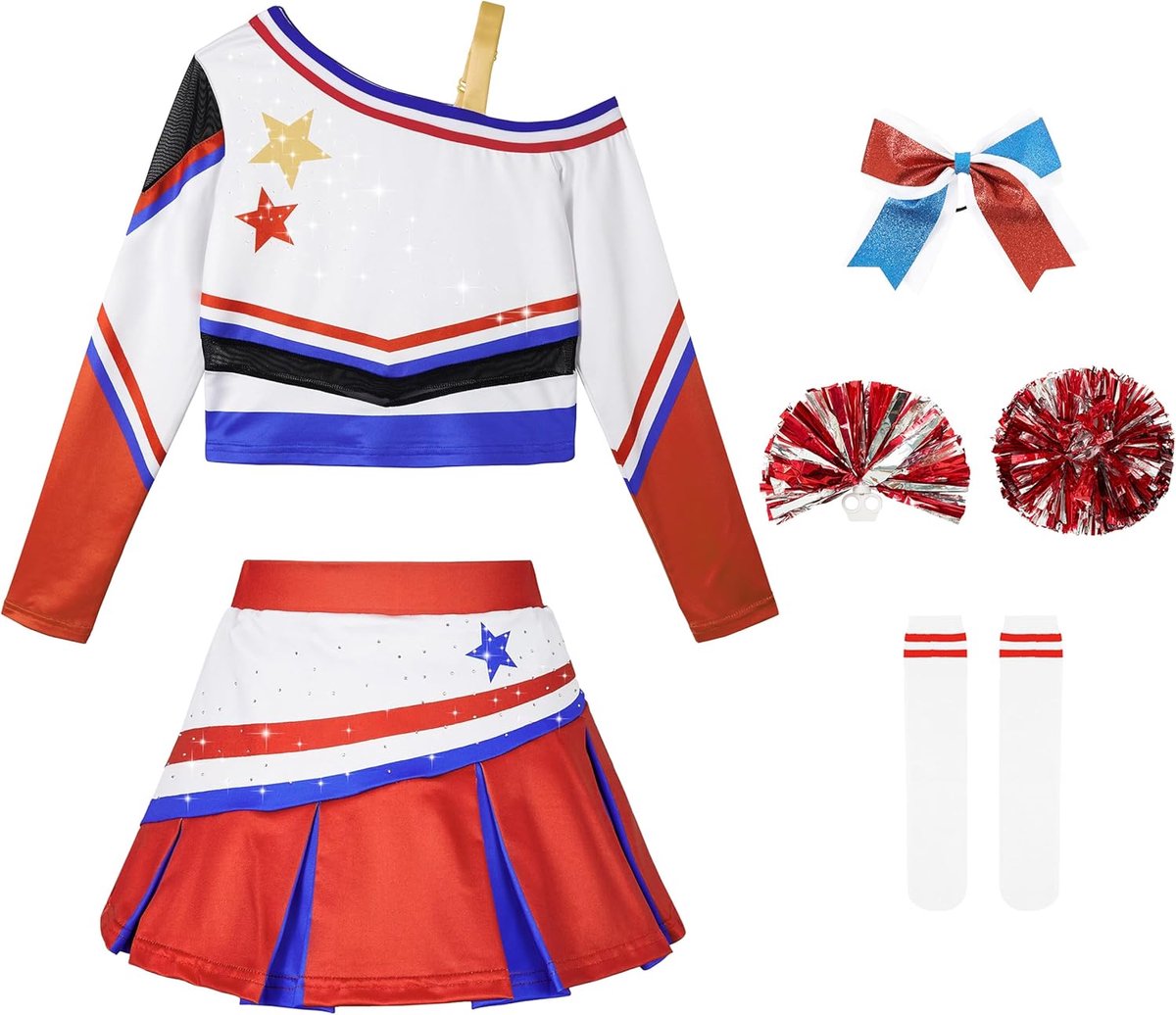 Sprankelend cheerleaderkostuum voor meisjes met pompons, haarstrik en sokken, verkleedoutfit