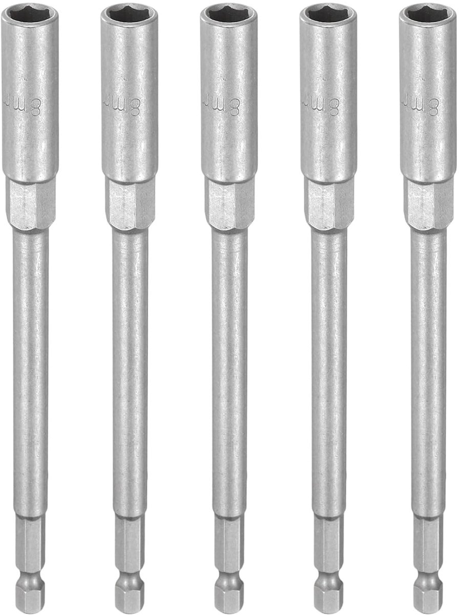 5 stuks dopsleutels, 8 mm dopsleutelset, moerboorbits, 1/4 inch zeskantschacht 150 mm extra lang staal, boutset voor boormachine, accuschroevendraaier