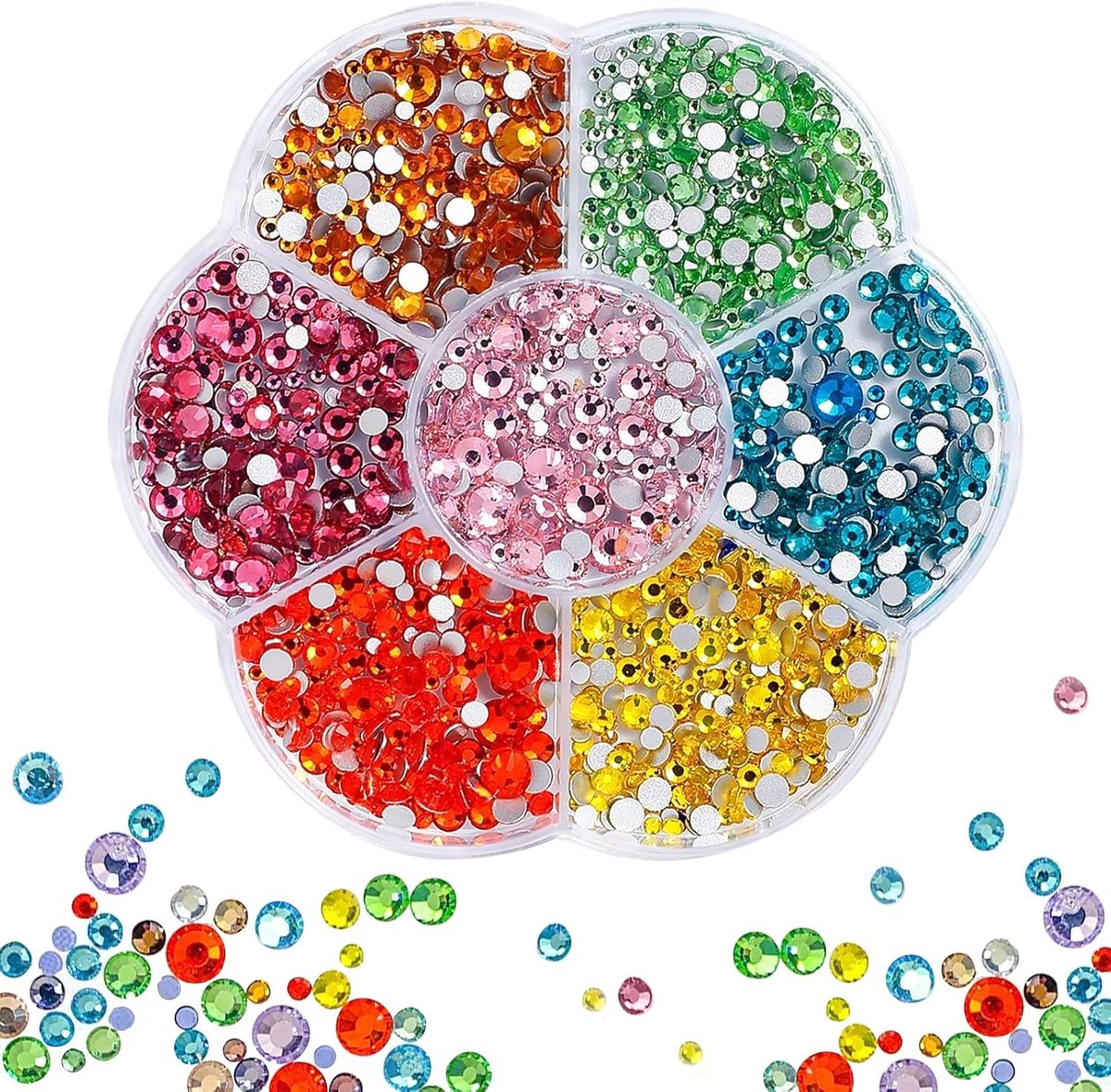 Set van 7 platte strass-steentjes in bloemendoos, 3500 kristallen strass-steentjes voor doe-het-zelf nageldesign, sieraden knutselen, mode en textiel, 7 maten, SS4-SS20, kleurrijk
