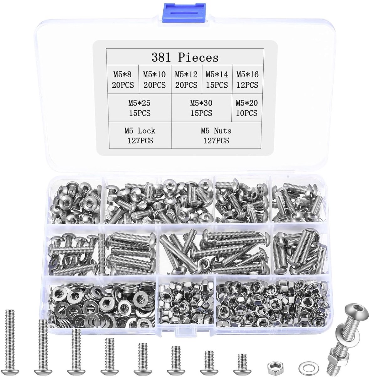 381 stuks M5 schroevenset, lenskopschroeven, moeren, schroefdraadschroeven met lenskop, binnenzeskantschroeven, assortiment machineschroeven, roestvrijstalen schroeven met sluitringen, sets