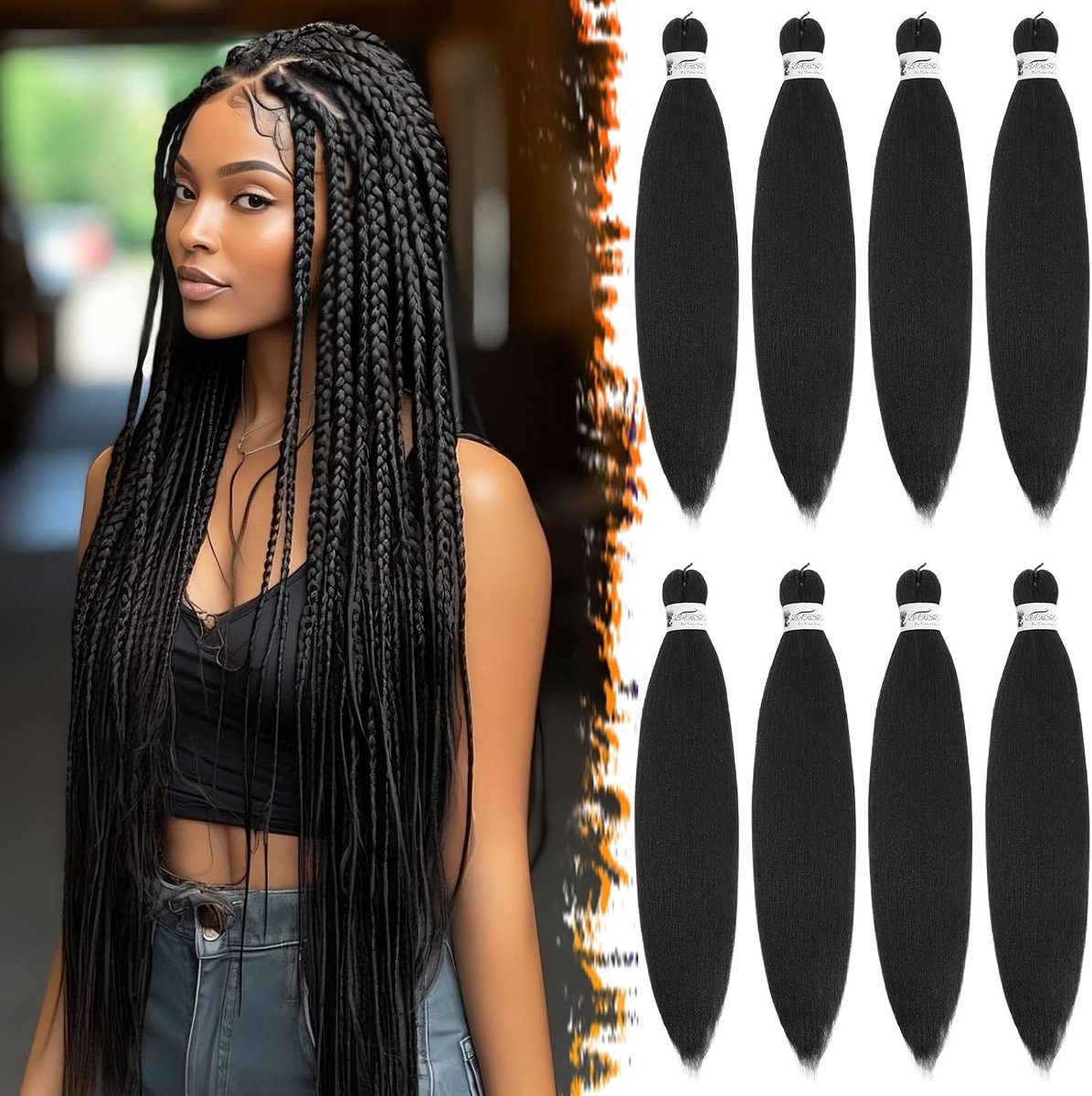 66cm Voorgerekt Vlechthaar, 8 Packs Gitzwart Gemakkelijke Vlechten Extensions Synthetisch Gehaakt Vlechthaar Yaki-textuur Gemakkelijk Vlechten Haarextensies voor Vrouwen
