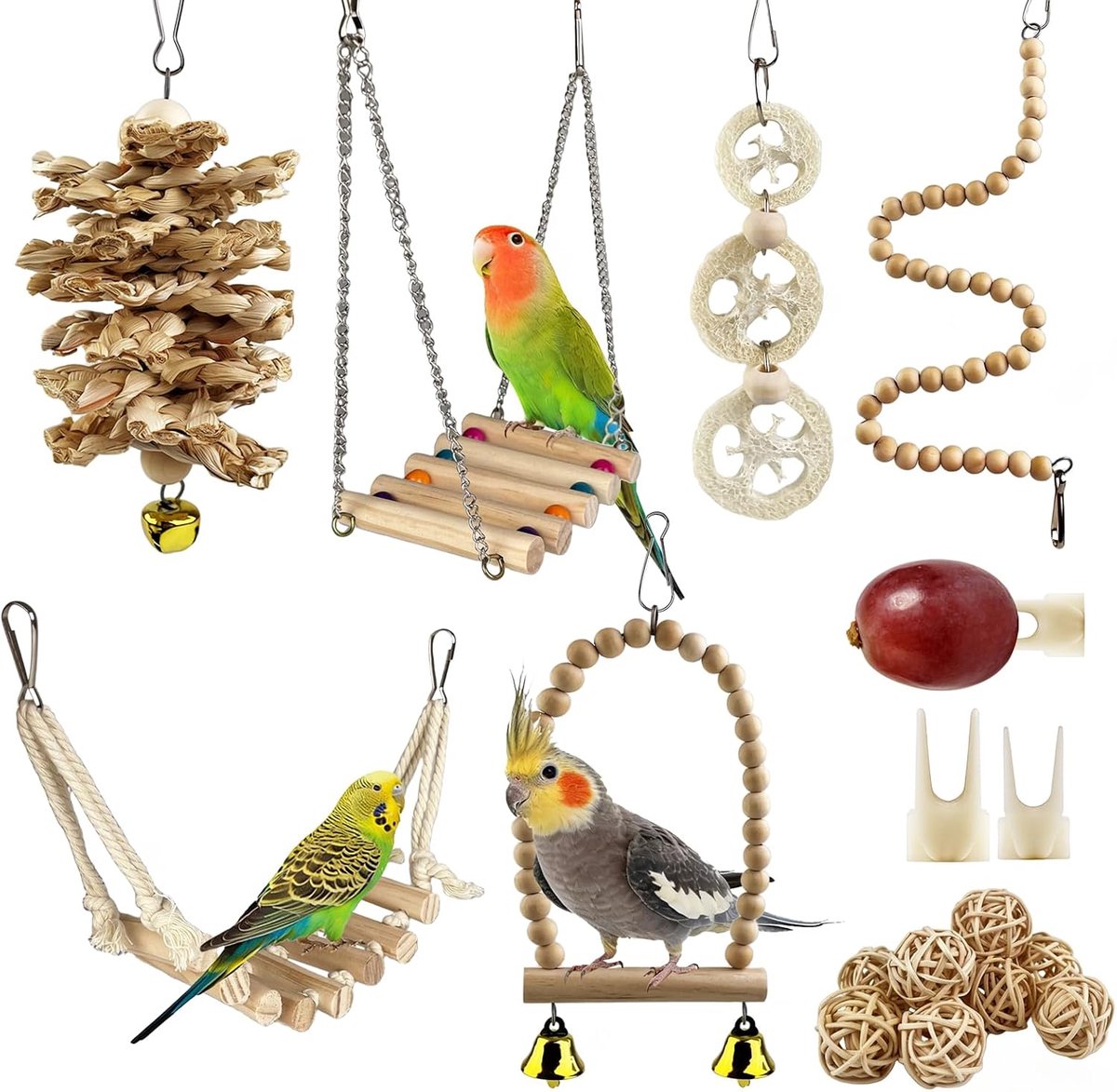 Speelgoed, om op te hangen, vogelkooi-accessoires, speelgoed, baars, ladder, kauwspeelgoed, hangmat voor parkieten, liefdesvogels, vinken en andere kleine huisdieren