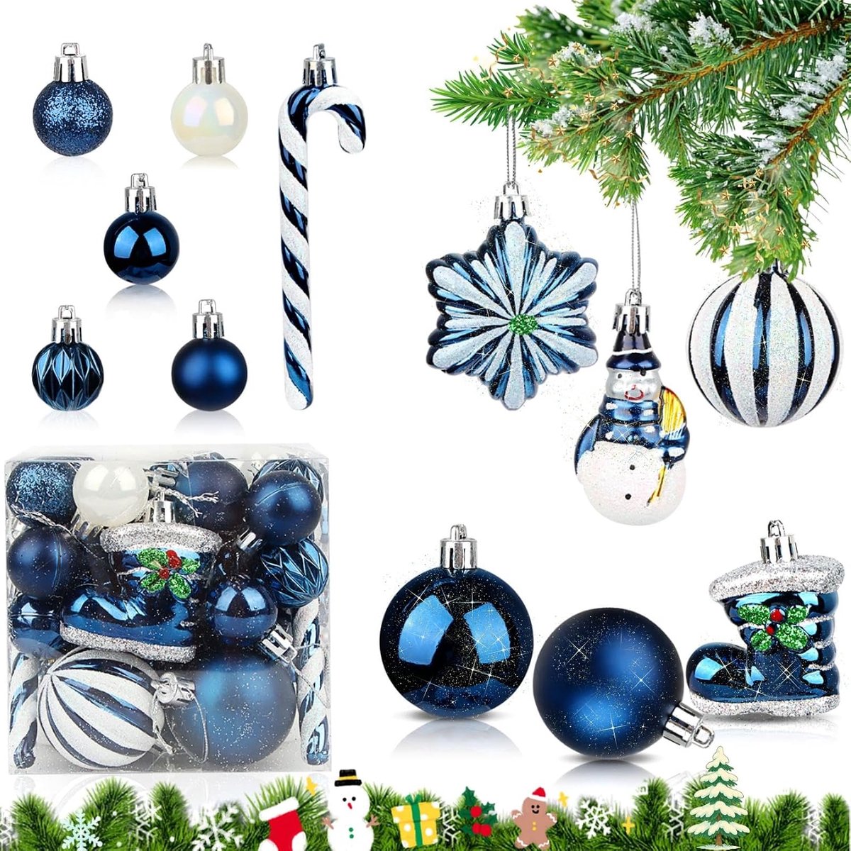 kerstballen, set van 24 stuks kunststof kerstballen, decoratieve kerstboomballen, kerstboomversiering met glitter, kerstversiering voor feesten, huisdecoratie creatief thema blauw en wit