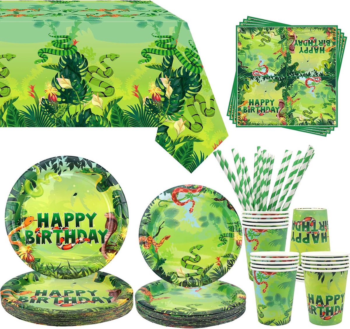 feestdecoratie: slangenverjaardagsfeestservies bevat borden, kopjes, servetten, tafelkleed, rietjes, 20