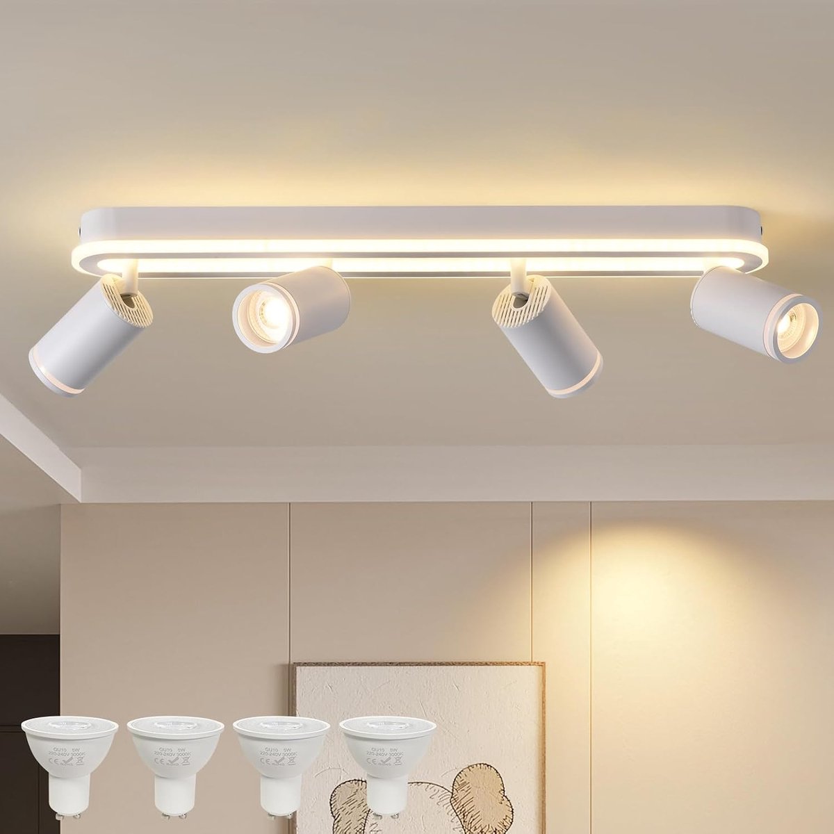 LED plafondspot 4-vlammig draaibaar 350° met lagere lichtopbrengst 36W + 4x5W GU10 spots, 3000K warm wit, moderne plafondlamp voor keuken