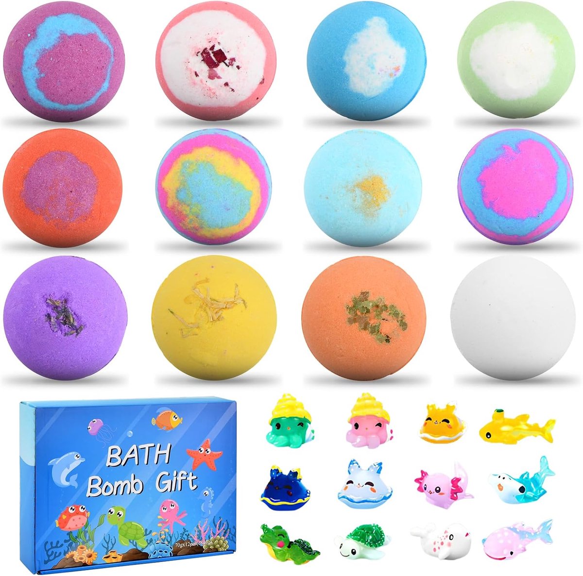 12 stuks badbommen, cadeauset met verrassingsspeelgoed, schuimbadbommen voor kinderen, badbruisbal, badbruisbal, spa, ideaal voor meisjes en jongens (blauw)