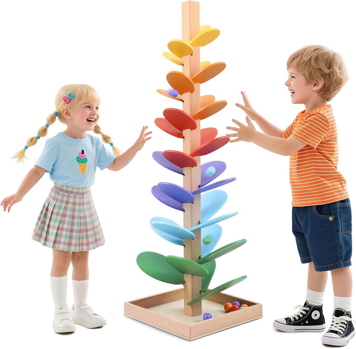 kogelbaan, regenboog, 72 cm, educatief speelgoed voor kinderen met 10 regenboogballen, 8 kleurrijke niveaus, creatief houten speelgoed voor kinderen van 3 tot 7 jaar