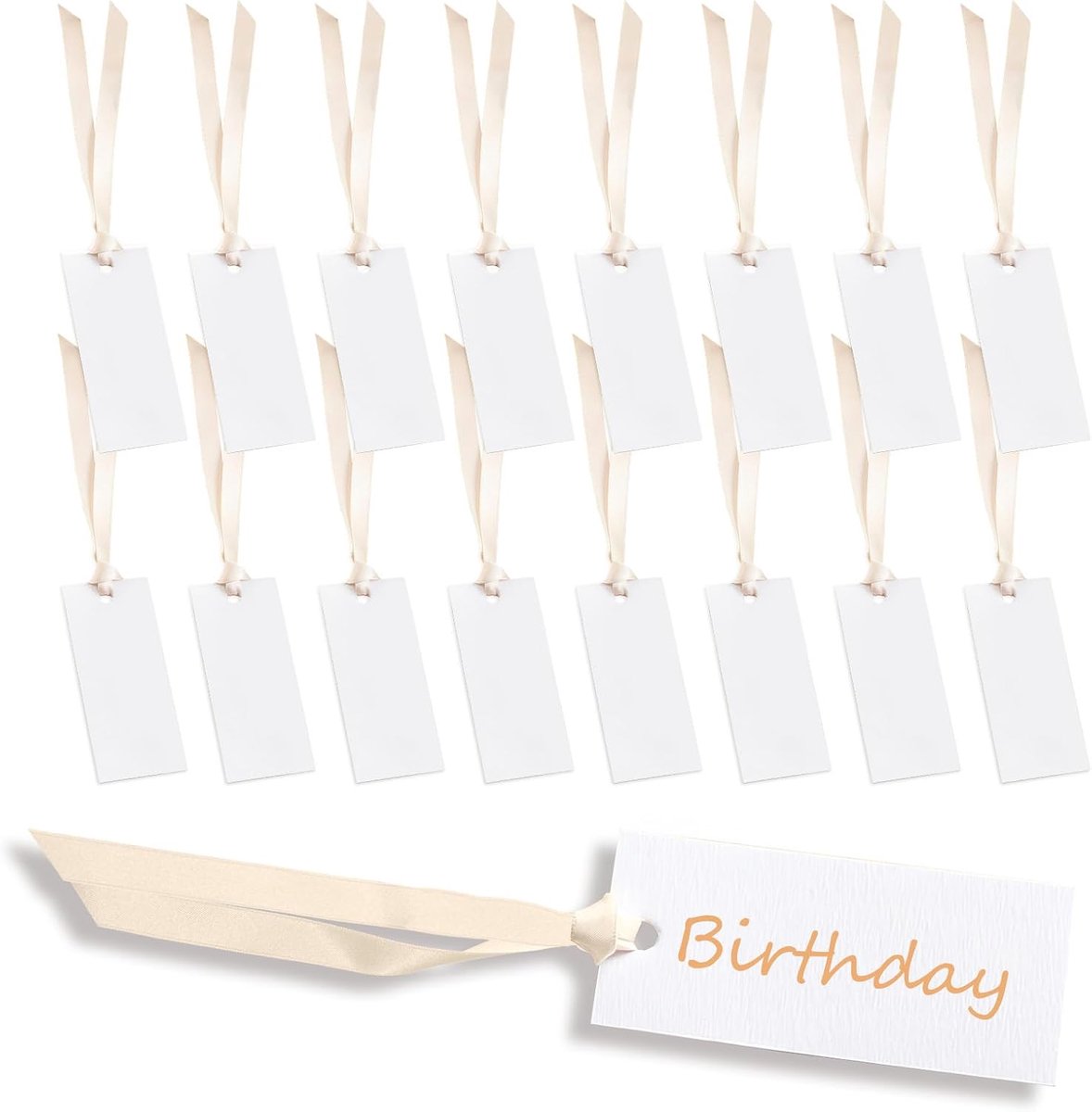 100 stuks blanco naamplaatskaarten met lichtbruin lint, 1,55 x 3,55 inch tafelnaamkaarten, plaatsinstelling, labels, zitbord voor banket, bruiloft, diner, ceremonie, stoel, cadeau, hangende labels