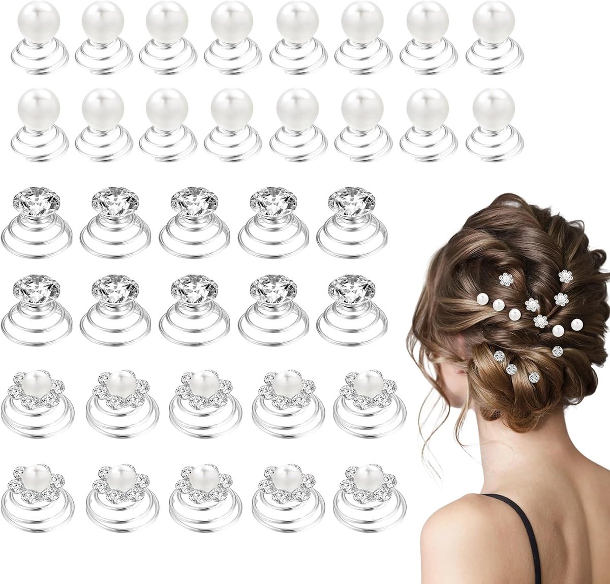 60 stuks strass kristal twisters set 3 vormen diamant spiraal parel bloem juwelen zilveren spoel voor bruid, bal, bruiloft, feest en speciale gelegenheid