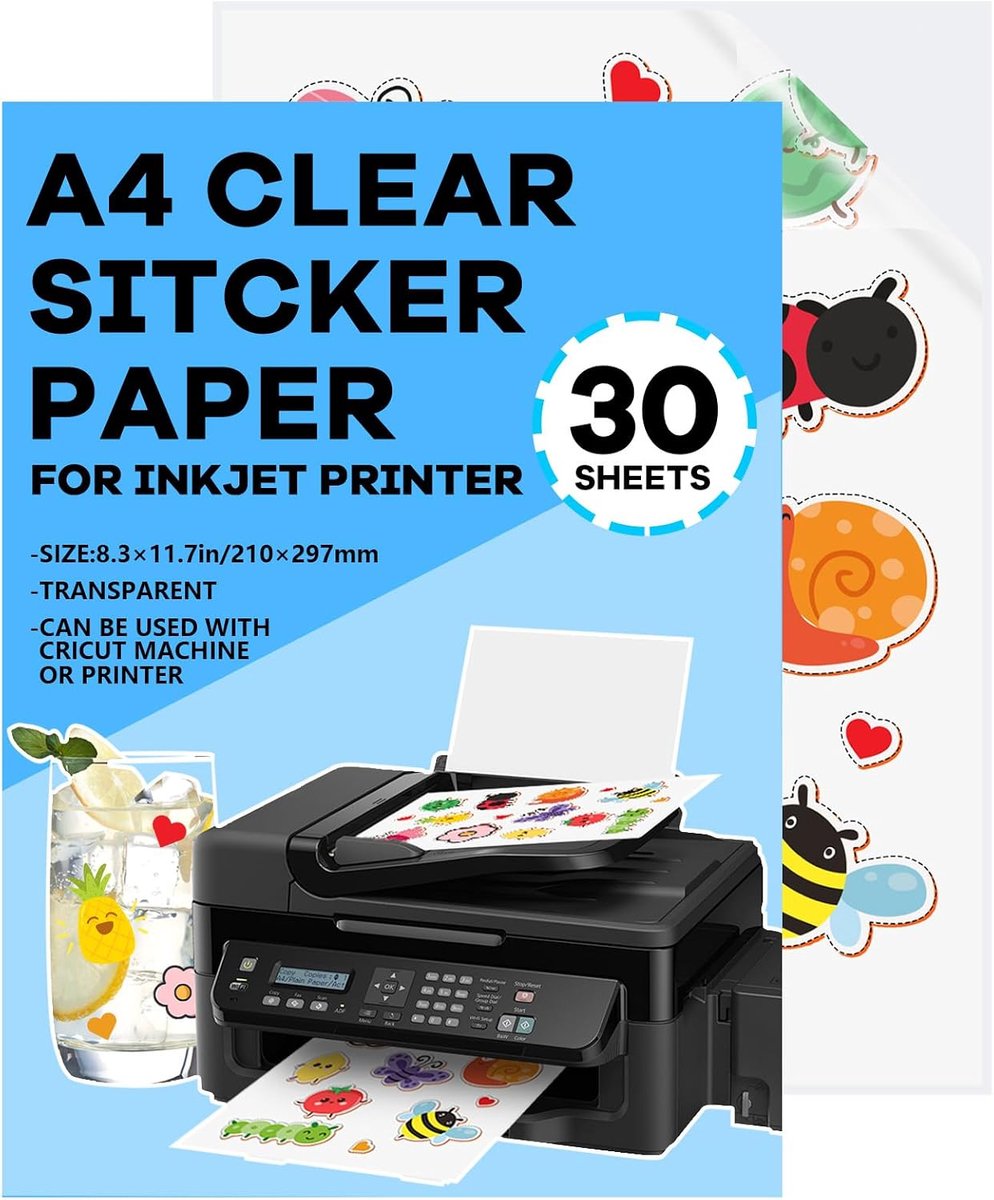 Zelfklevende folie stickerpapier, vinyl plakfolie, transparant printerpapier, waterdicht, bedrukbare plakfolie, stickers voor inkjetprinter, laserprinter, transparant, 30 stuks