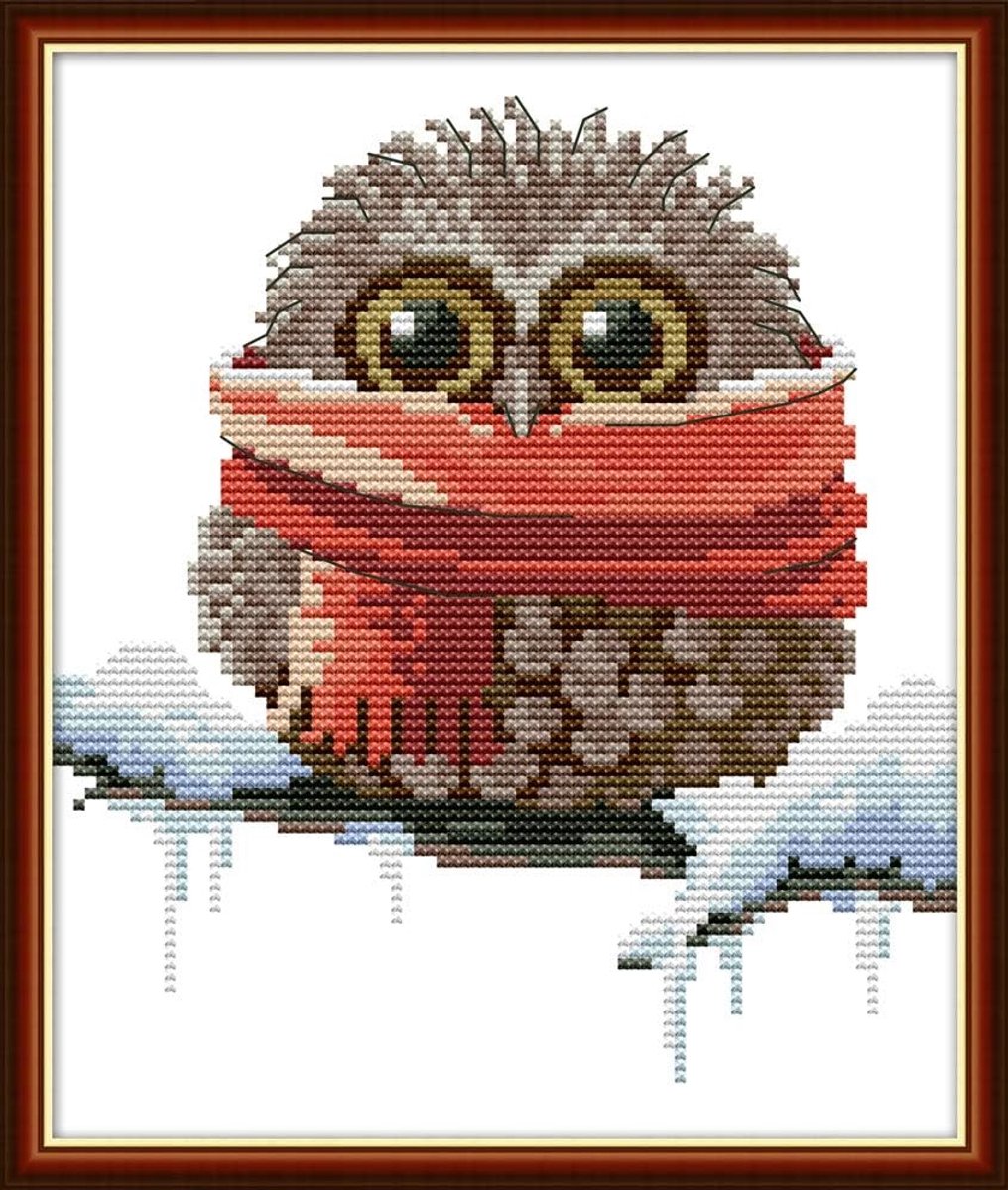 kruissteek borduurset, compleet assortiment voorbedrukte starterskits - uil met sjaal 24 x 28 cm