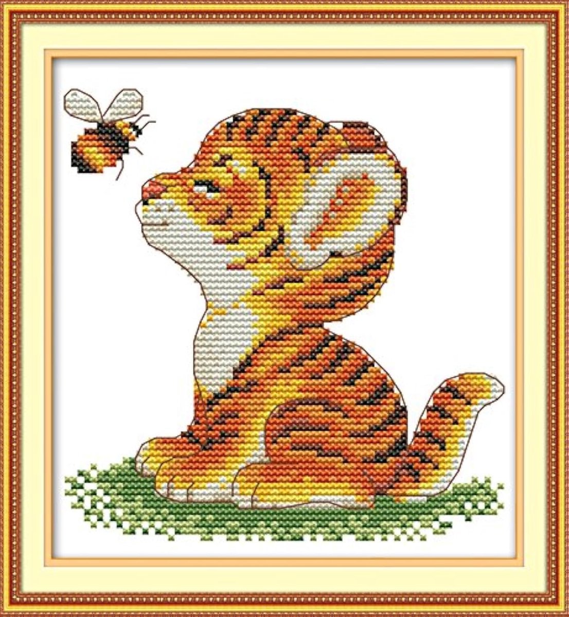 Borduurpakket Met Gestempelde Kruissteek, Complete Lijn van Voorgedrukte Starterspakketten Voor Beginners - Tijger en bij 23 x 24 cm