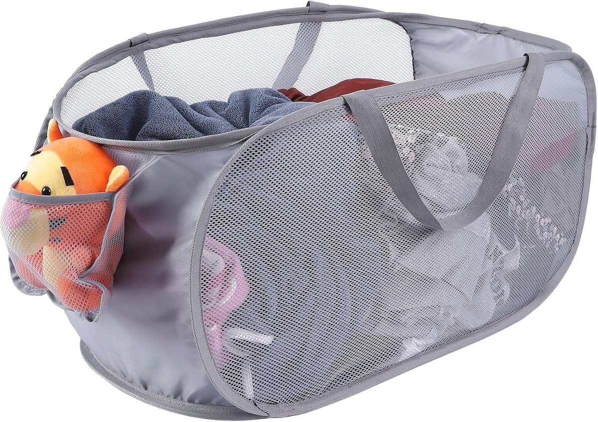 Grote opvouwbare wasmand van mesh, opvouwbare wasmand met zijvak, afneembare kledingopbergbak met handvat voor bijkeuken, badkamer, kinderkamer