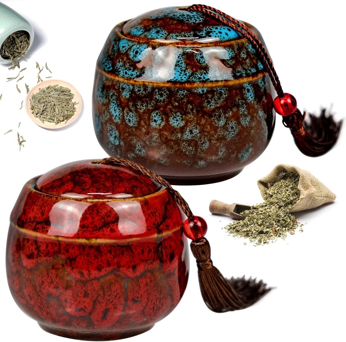 2 stuks vintage theeblik keramiek, theepot theebus met deksel, Chinese stijl, theeblik bewaardoos voor koffie, thee, specerijen en noten