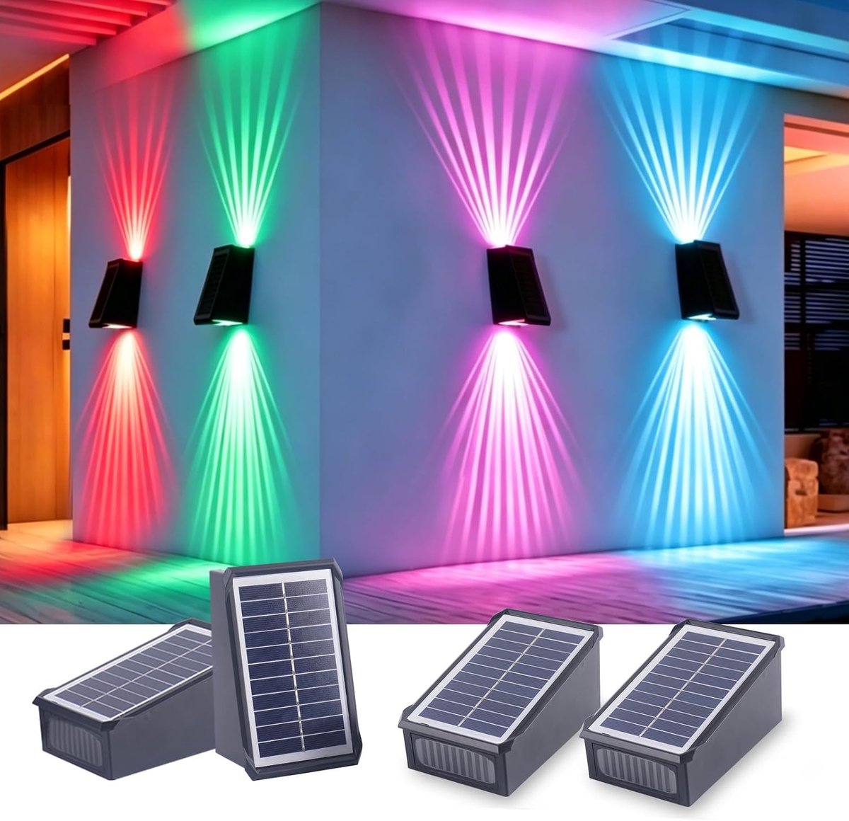 4-delige Zonnelampen voor buiten,RGB Solar LED Wandlamp Omhoog Omlaag,IP65 Waterdicht Solar Hek Lichten Draadloze,5 Standen Solarlampen Buitenbeveiliging voor Veranda Muur Trappen Verpakking