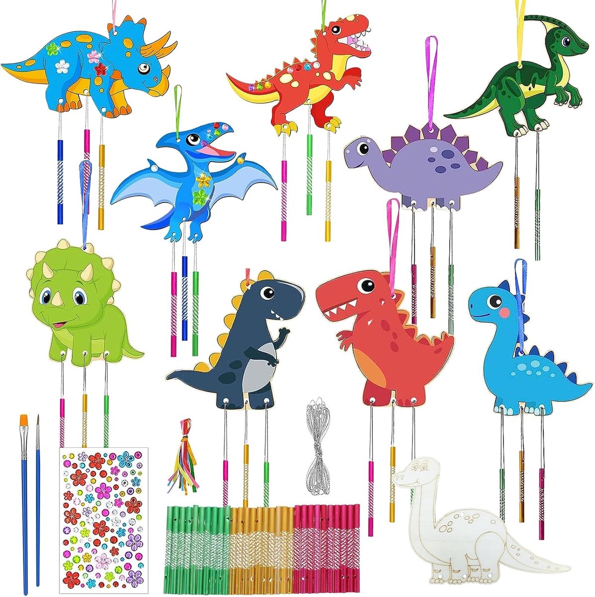 Dinosaurus windspel, knutselset, doe-het-zelf, 10 stuks knutselset hout, windspel, kinderknutselen, dinosaurusdecoratie, creatief kunsthandwerk, knutselhandwerk om te knutselen, cadeau voor