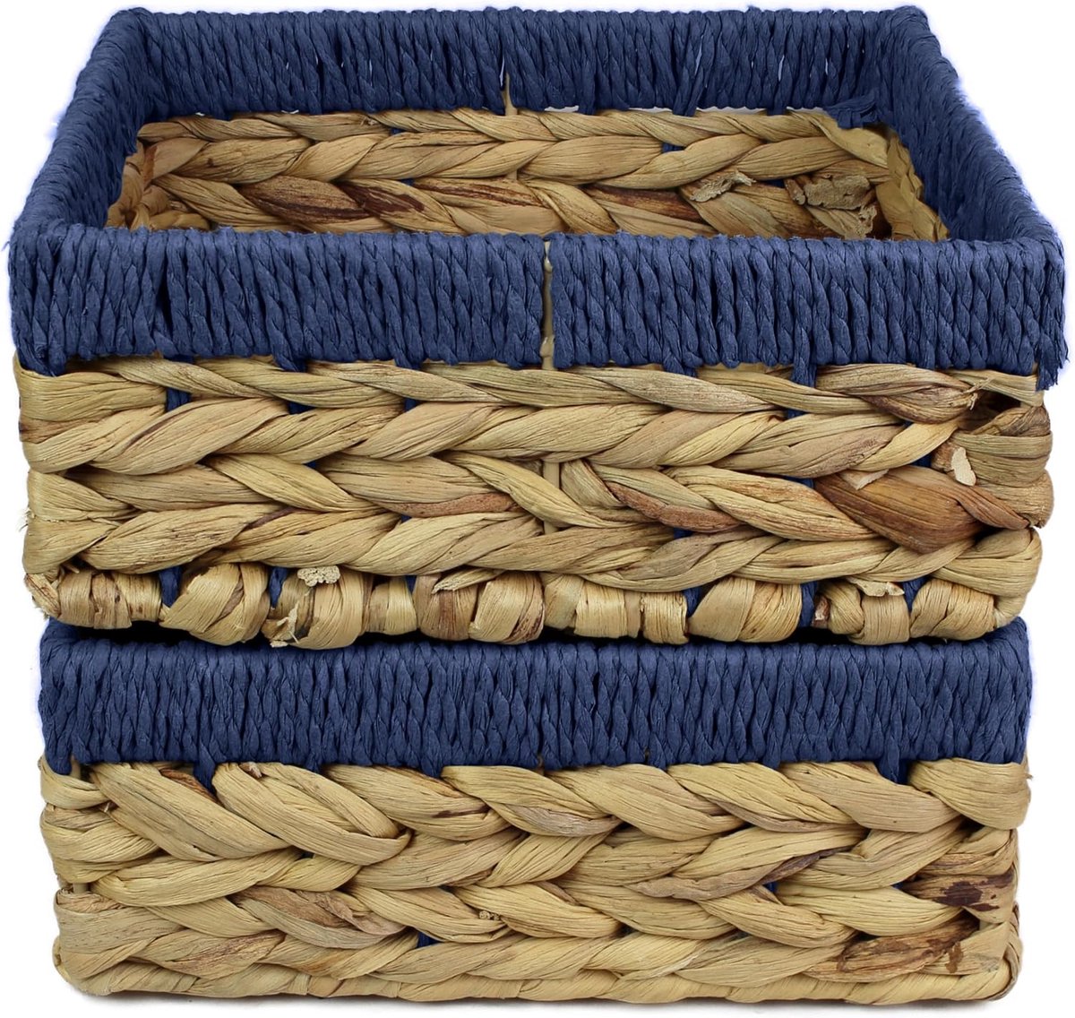 Water Hyacint Vierkante manden voor opslag. Natuurlijk met blauwe randen voor planken open mand decoratieve gift mini lade make-up keuken organizer (2 x Pack, Large 22cm)