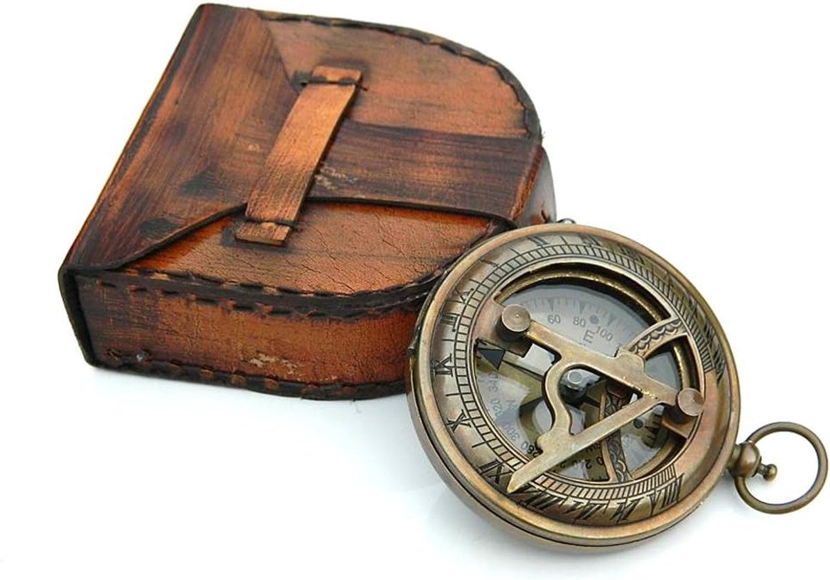 Instruments (INDIA) Zonnewijzerkompas met lederen etui Drukknops Zonnewijzer.