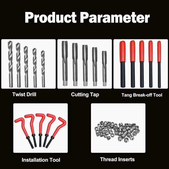 Schroefdraadreparatieset schroefdraadreparatieset Helicoil boorhulzen voor auto's, schroefdraadhuls, schroefdraadinzetstukken, gereedschap voor autoreparatie (rood, 131-delig) — afbeelding 2