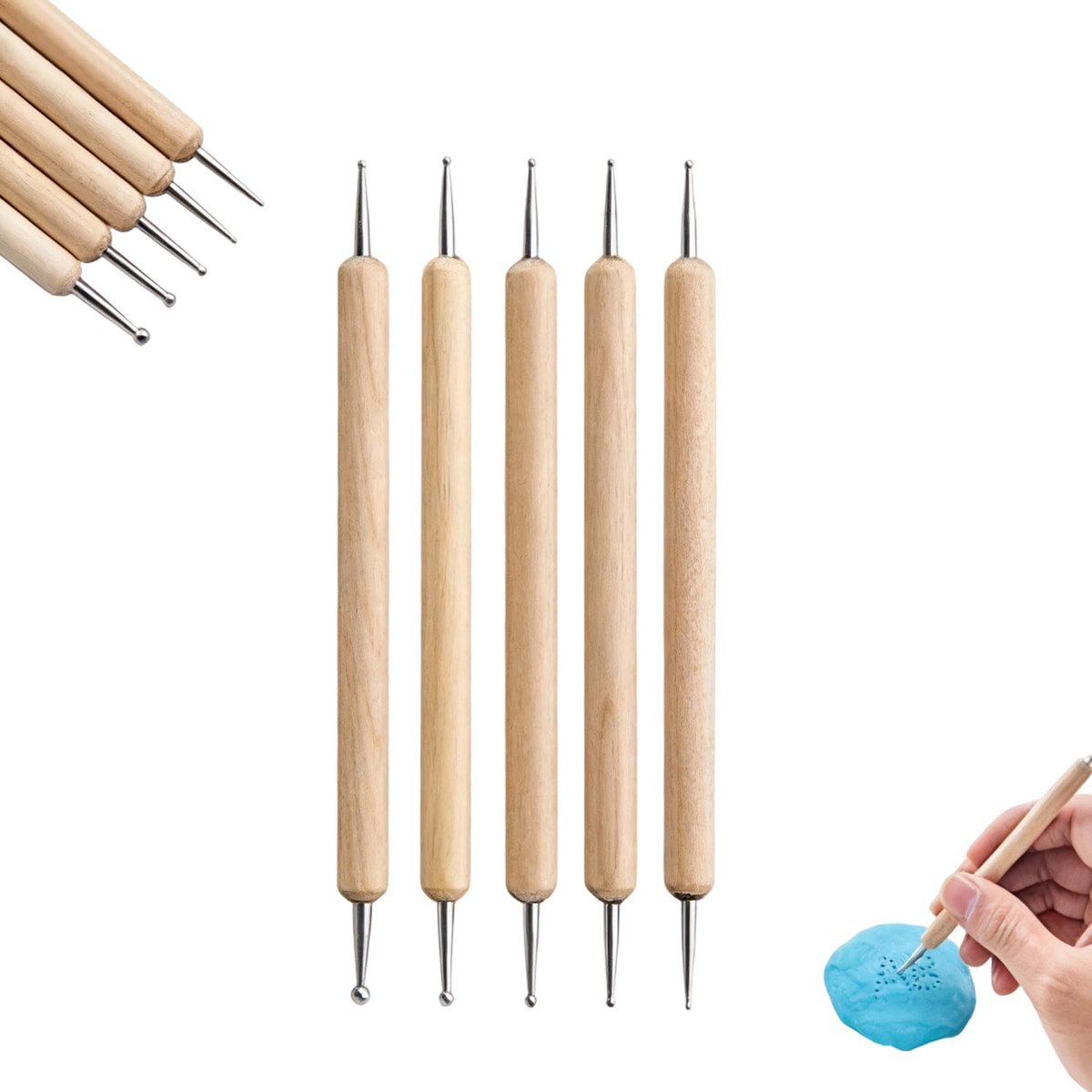 Stylus met dubbele uiteinden, Premium Houten Handvat Roestvrijstalen Bal Stylus Gereedschapsset 5-delige Embossing Stylus Set voor Kunstwerken Beeldhouwen