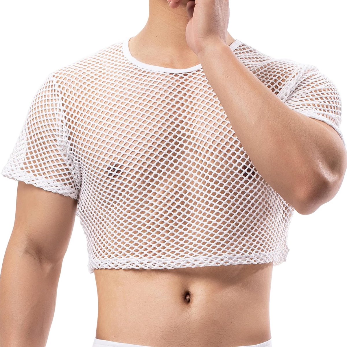 Heren sport onderhemden visnet crop top mesh doorschijnende gewassen halve tank tops nieuwigheid T-shirts ondershirts voor mannen