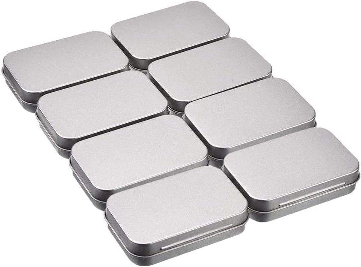 8 stuks zilveren metalen blikjes, tabaksblikjes, survivalkit, pillendoos, zeepblikjes, metalen doos, snoepdoos, zilverkleurig