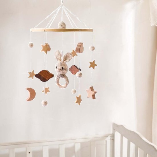 Mobiele babybed, windspel, wolken en kleine haas, hangend, hout, mobiele babykinderkamer, hangende bedbel, cadeau voor baby's, meisjes of jongens, rammelspeelgoed (B) — afbeelding 2