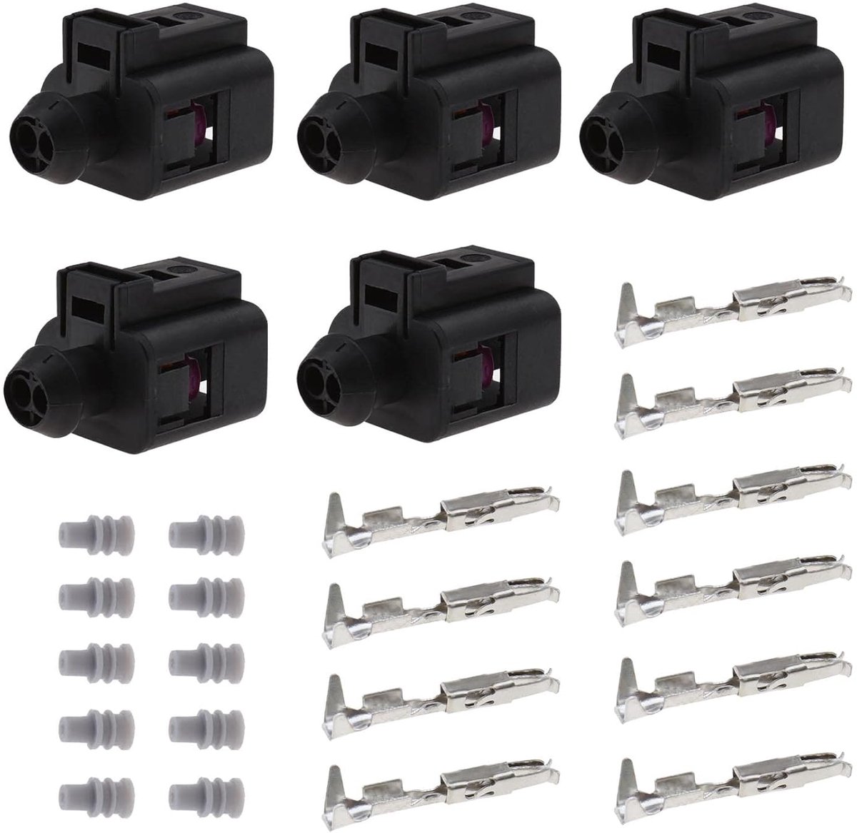 5 sets 2-pin vrouwelijke connectoren met vrouwelijke terminals en afdichtingen Vrouwelijke connector sensor stekkerset Compatibel met VW Audi 1J0973702 Auto waterdichte reparatieset