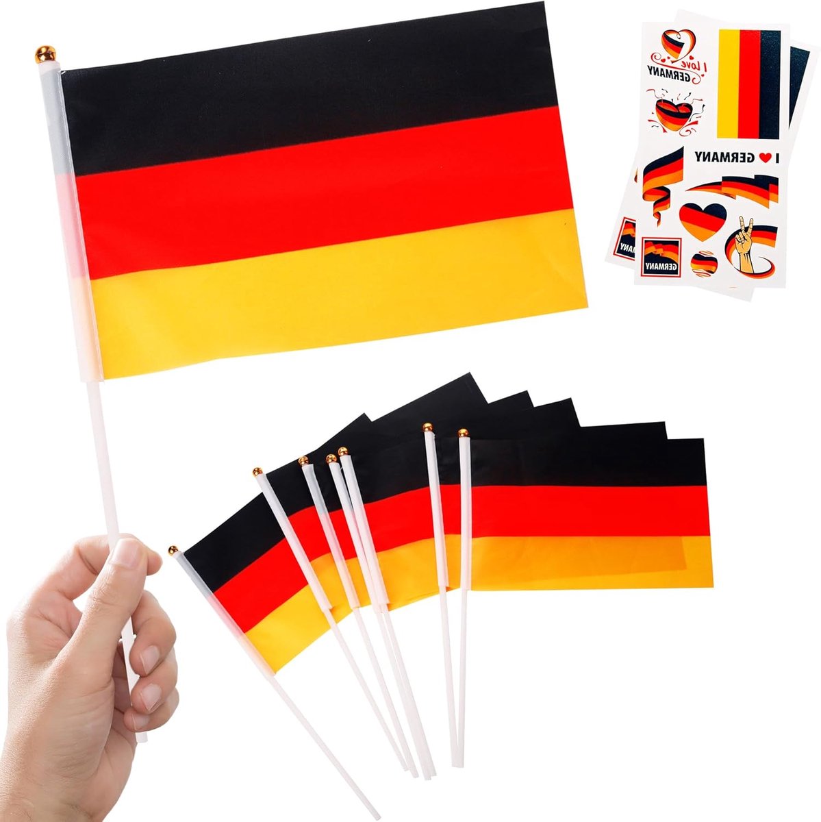 10 stuks kleine Duitse vlaggen op stokjes en 2 stuks tatoeages, mini Duitse vlag hand gehouden Duitse vlag feestdecoraties voor WK voetbal 2026 Unity Day Parade Olympische sportevenementen