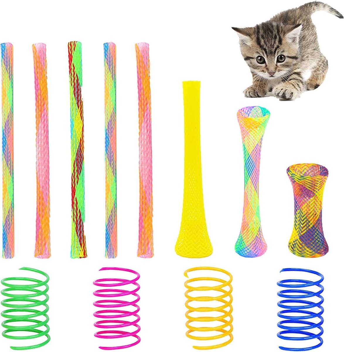55 stuks kattenspringspeelgoedset, kleurrijk creatief interactief speelgoed van de kat, kunststof spiraalveren voor het slaan, bijten en jagen van kittenspeelgoed (willekeurige kleur)