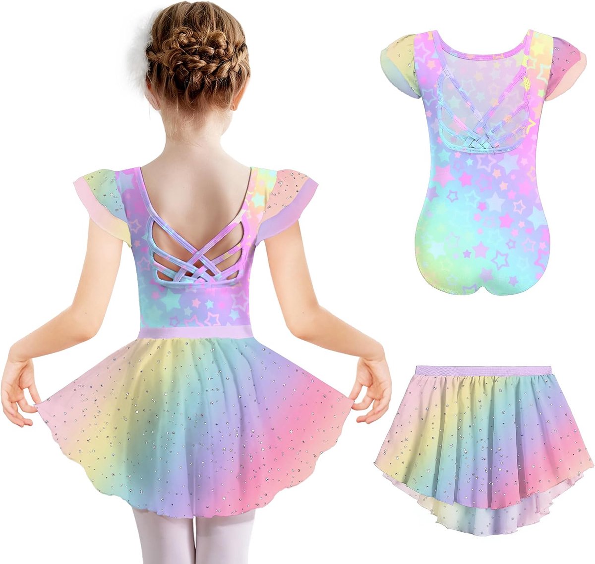 Balletkleding voor meisjes, 2-9 jaar, balletjurk, korte mouwen, turnpakje, ballet, van katoen, dansjurk met pailletten, kinderen, tweedelig balletpak, met tutu-rok