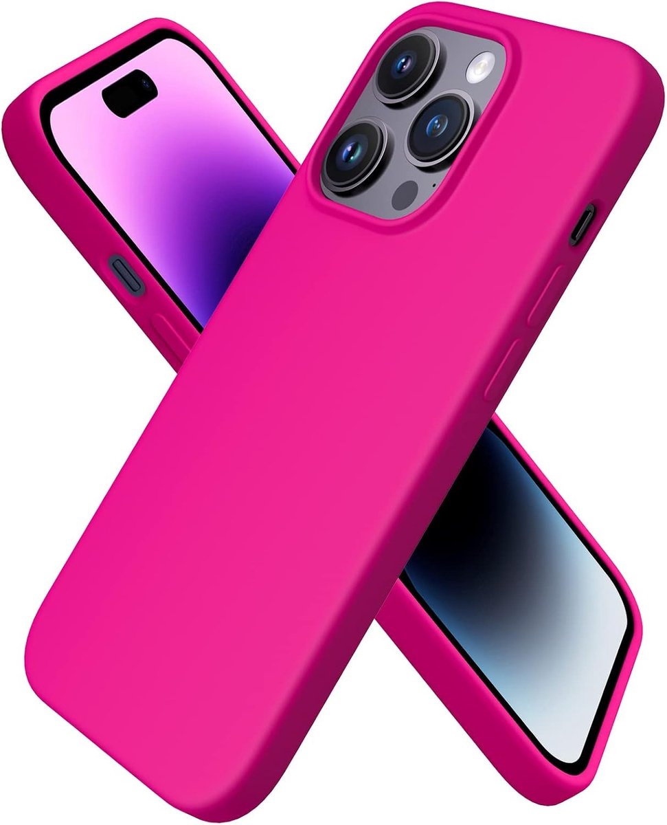 Compatibel met iPhone 14 Pro Case 6,1 inch, slanke vloeibare siliconen 3 lagen volledig bedekt zachte gel rubber hoesje cover 6,1 inch-Hot Pink