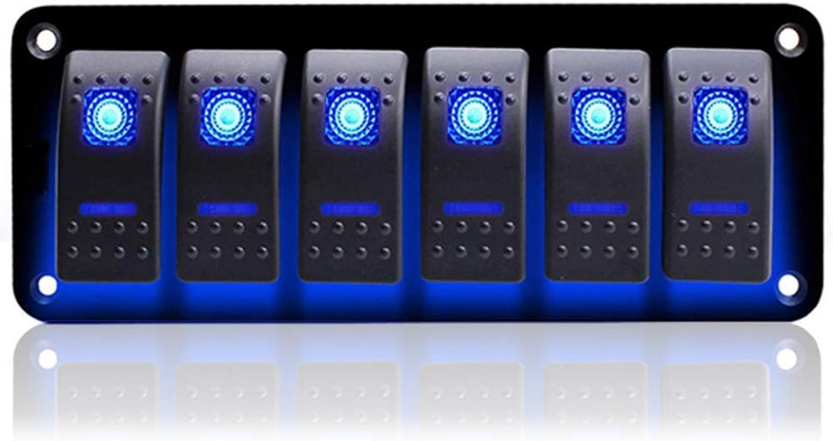- IP65 waterdicht paneel met 6 aan/uit-tuimelschakelaars voor boot, voertuigen, vrachtwagen, caravan, jacht, 12 V 24 V (blauw)