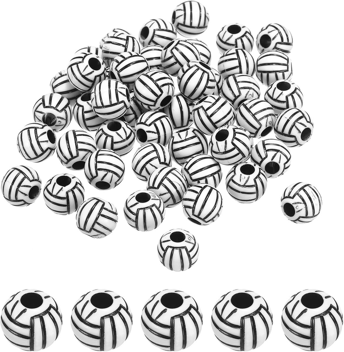 Kralen, 50 stuks acryl volleybalkralen, bulk, ronde sportafstandskralen voor doe-het-zelf knutselen, armbanden en kettingen, zwart-wit