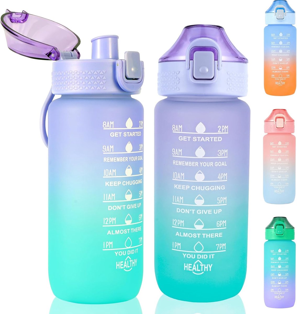 lekvrij, waterfles 600 ml, drinkfles met tijdmarkeringen, school en sportfles, Tritan waterfles, BPA-vrij, met 1-klik-sluiting