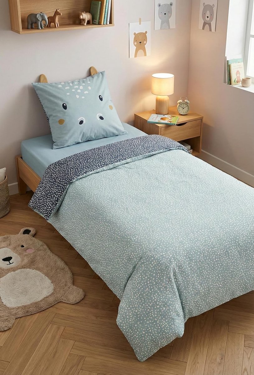 Stippen 1-Persoons Dekbedovertrek 140x200 + Kussensloop 63x63 Katoen | Omkeerbaar beddengoed | Premium katoen 57 draden | Dinosaurus design | Kinderen | Cadeau | Machinewasbaar
