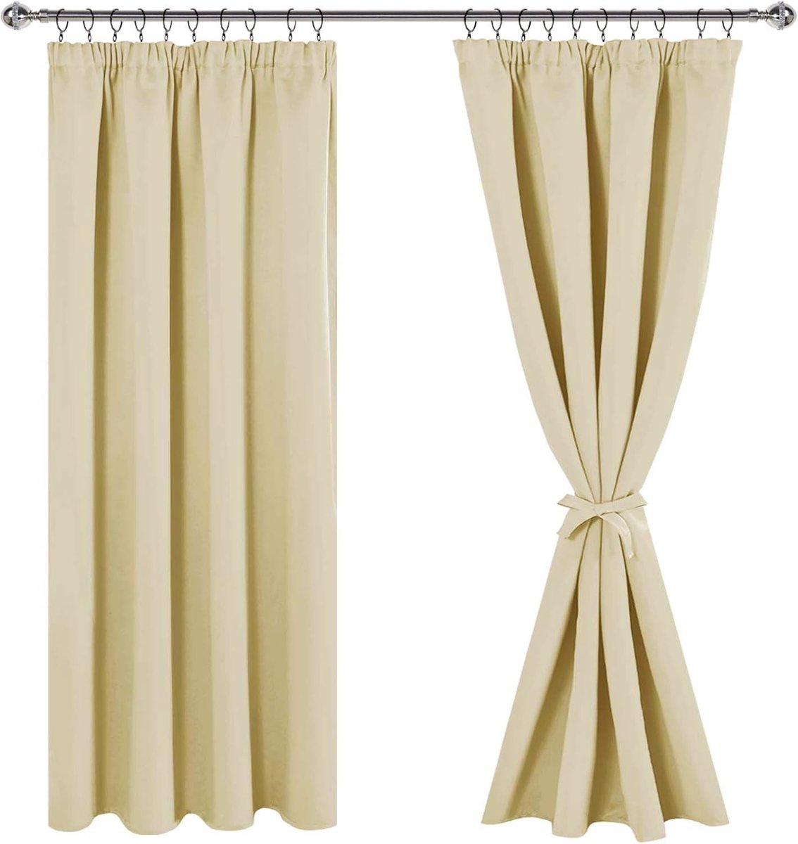 Gordijnen met plooiband, verduisteringsgordijnen, ondoorzichtige gordijnen, woonkamergordijnen, slaapkamer, thermogordijn, lichtbeige, H 160 x B 140 cm, set van 2