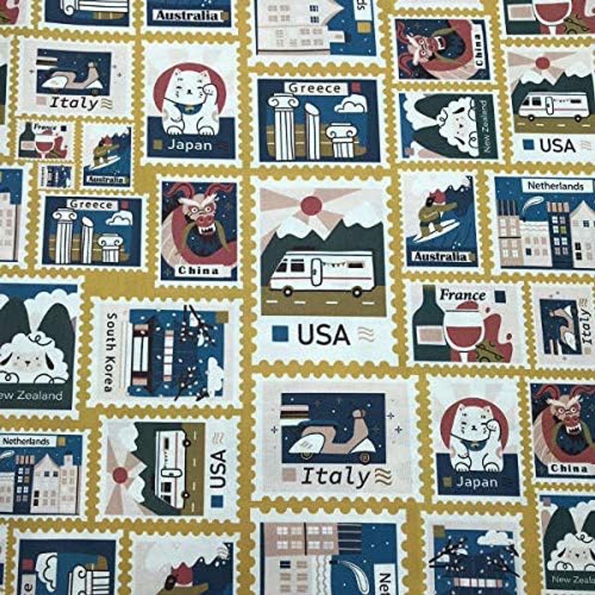 Stof - Halve Panama 100% katoen - 100 cm lang x 280 cm breed | Landstempels - Blauw, mosterd ─ 1 meter