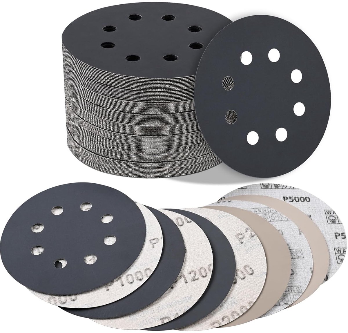 Schuurpapier, 125 mm, klittenband, nat en droog, 25 stuks, siliciumcarbide 1000/1200/2000/3000/5000, voor excentrische schuurmachine voor auto, metaal