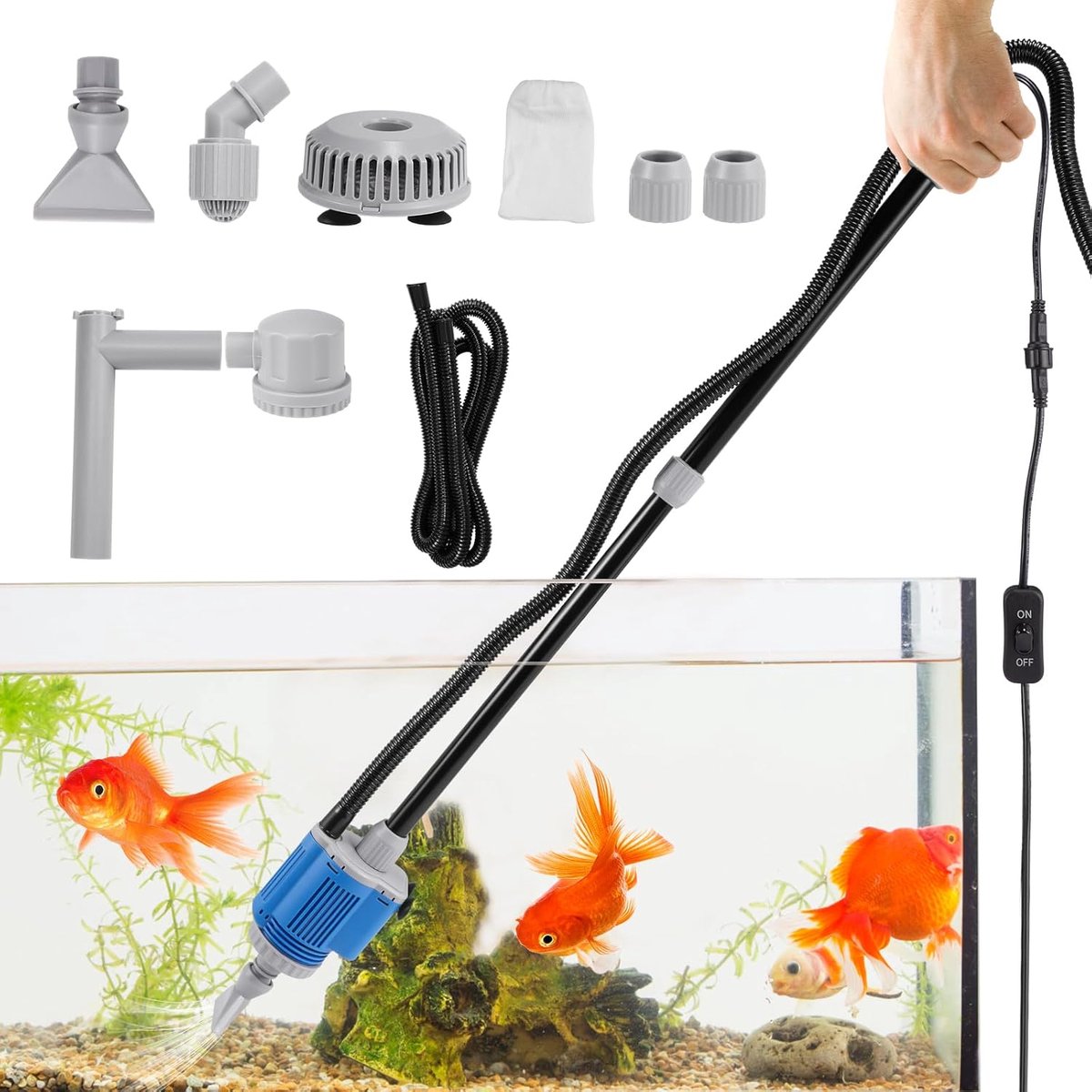 6-in-1 elektrische aquariumgrindreiniger, aquariumstofzuiger, waterververser, verstelbare lengte voor waterverversing en zandreiniging