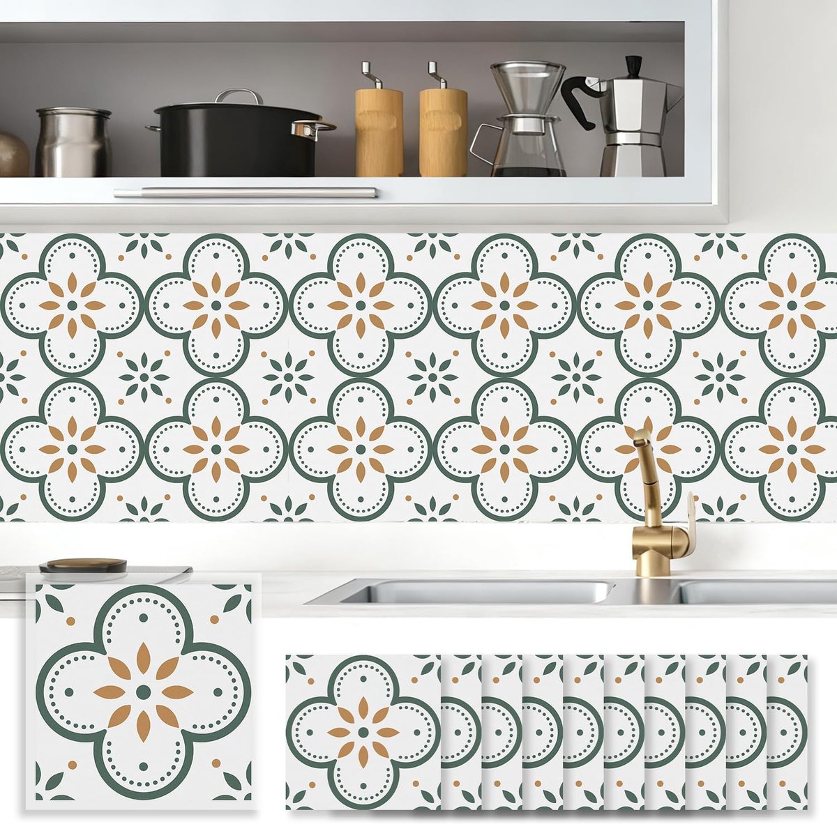Tegelstickers Plakbare | 20 * 20cm Stick Tegels | Badkamer Keuken en Toilet | Waterdicht | Krasbestendig | Hittebestendig | Groene Bloem | 10 Stuks