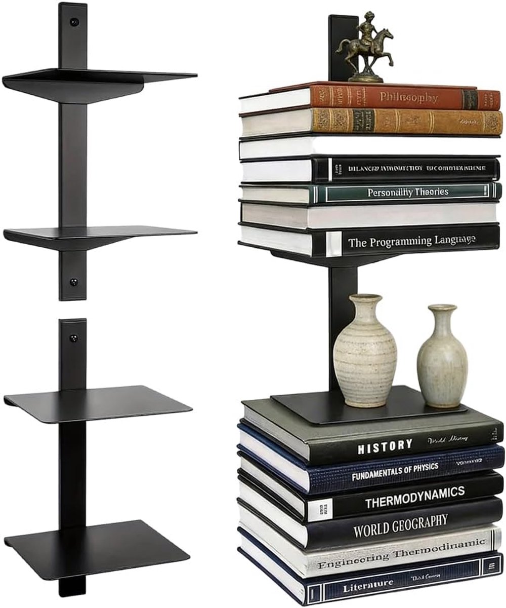 boekenplanken, 4 verdiepingen, verticale boekentoren, verborgen geboord, gemonteerde boekenplanken, verborgen metalen boekenplank voor de slaapkamer, decoratie voor thuiskantoor, set van 2