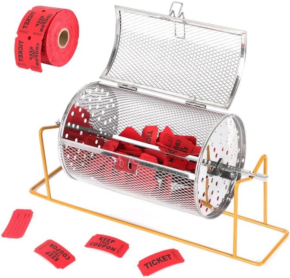 Loterijtrommel, met 500 loten, rollende loterijbuis Bingo-kooi Loterijrol met standaard, loterijmand Grote capaciteit trommelkooi voor feestspellen Evenementen Promotionele activiteiten(1 set)