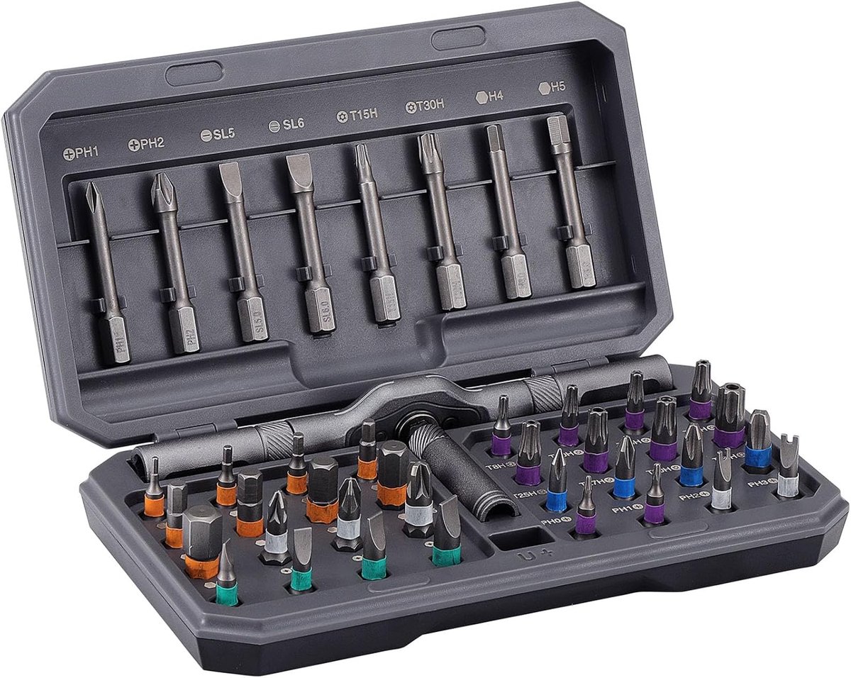 ratelschroevendraaierset, 42-delig, met precisiebits, kleurgecodeerde bits, opbergkoffer, draagbare reparatieset voor meubels, computers, fietsen