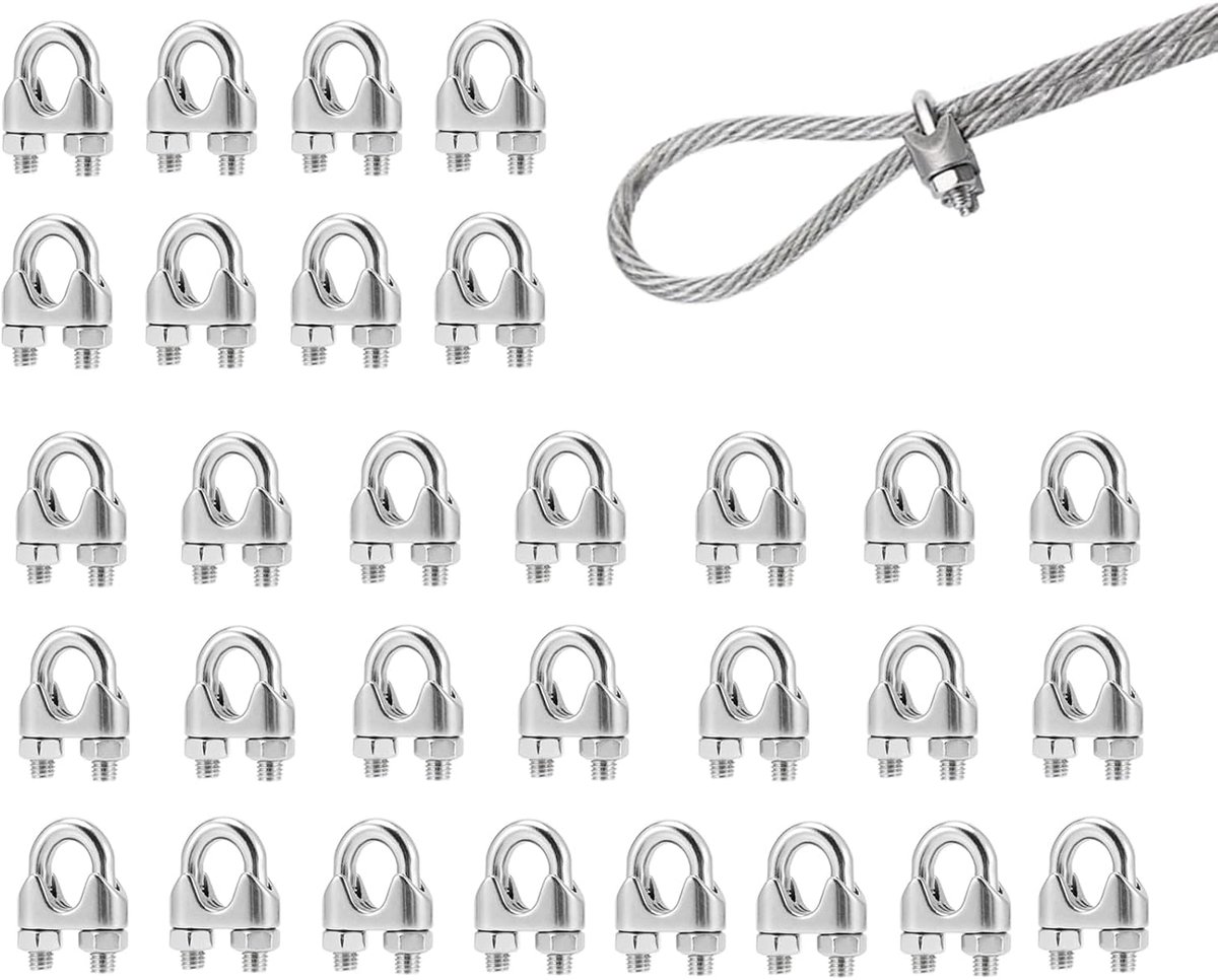 30 stuks staalkabelklemmen, 6 mm, kabelklemmen, 304 U-bouten, roestvrij staal, kabelklemmen, beugelkabelklem voor staalkabel, staaldraad, waslijn