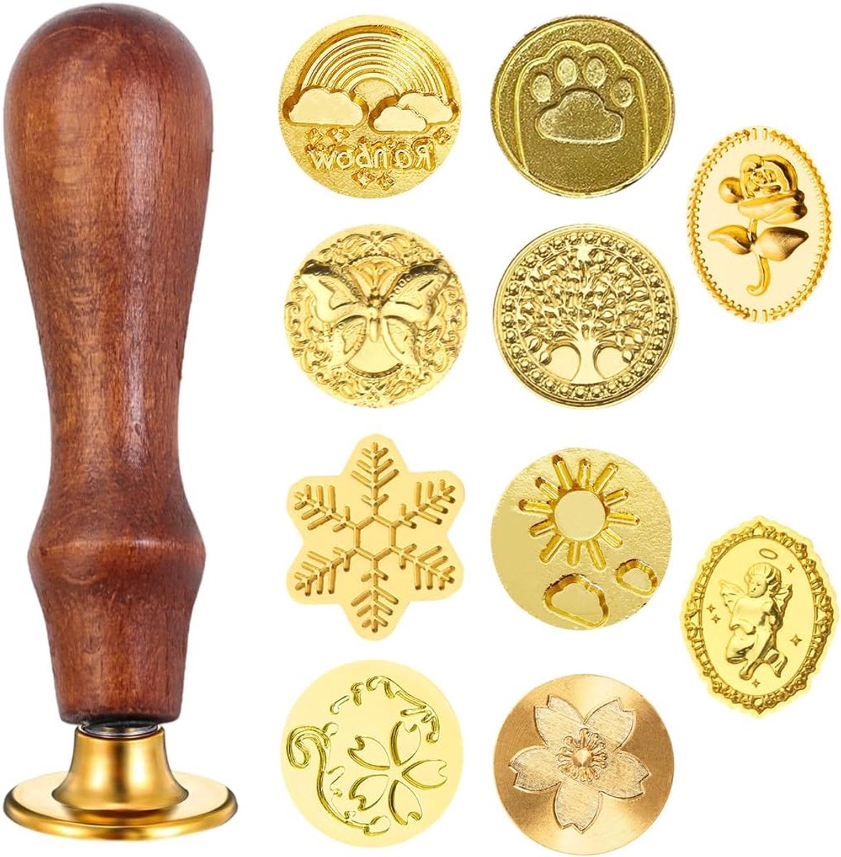 Set van 10 klassieke waszegelstempels met houten handvat, zegelset voor uitnodigingen, geschenken, enveloppen, brieven
