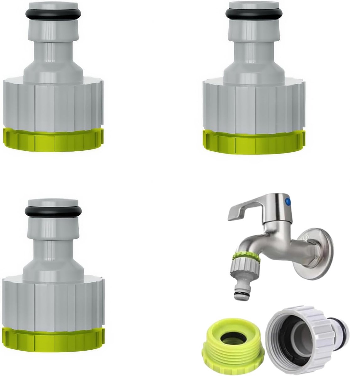 3 stuks slangkoppeling, kraanadapter, 1/2 inch, 3/4 inch, 2-in-1 kraanverbinding, kunststof slangkoppelingsset, tuinslang, snelverbinding voor tuin, irrigatiekeuken (groen)
