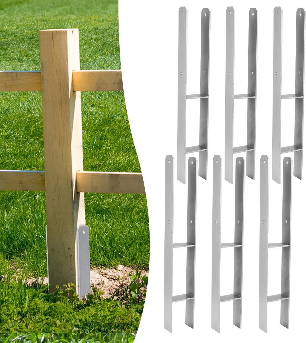 6 x H-paalanker 91 mm – H-paalhouders voor hek- en houten palen, robuuste H-ankers voor tuinhek, carport, paviljoen en houtbouwprojecten (91 x 600 mm)