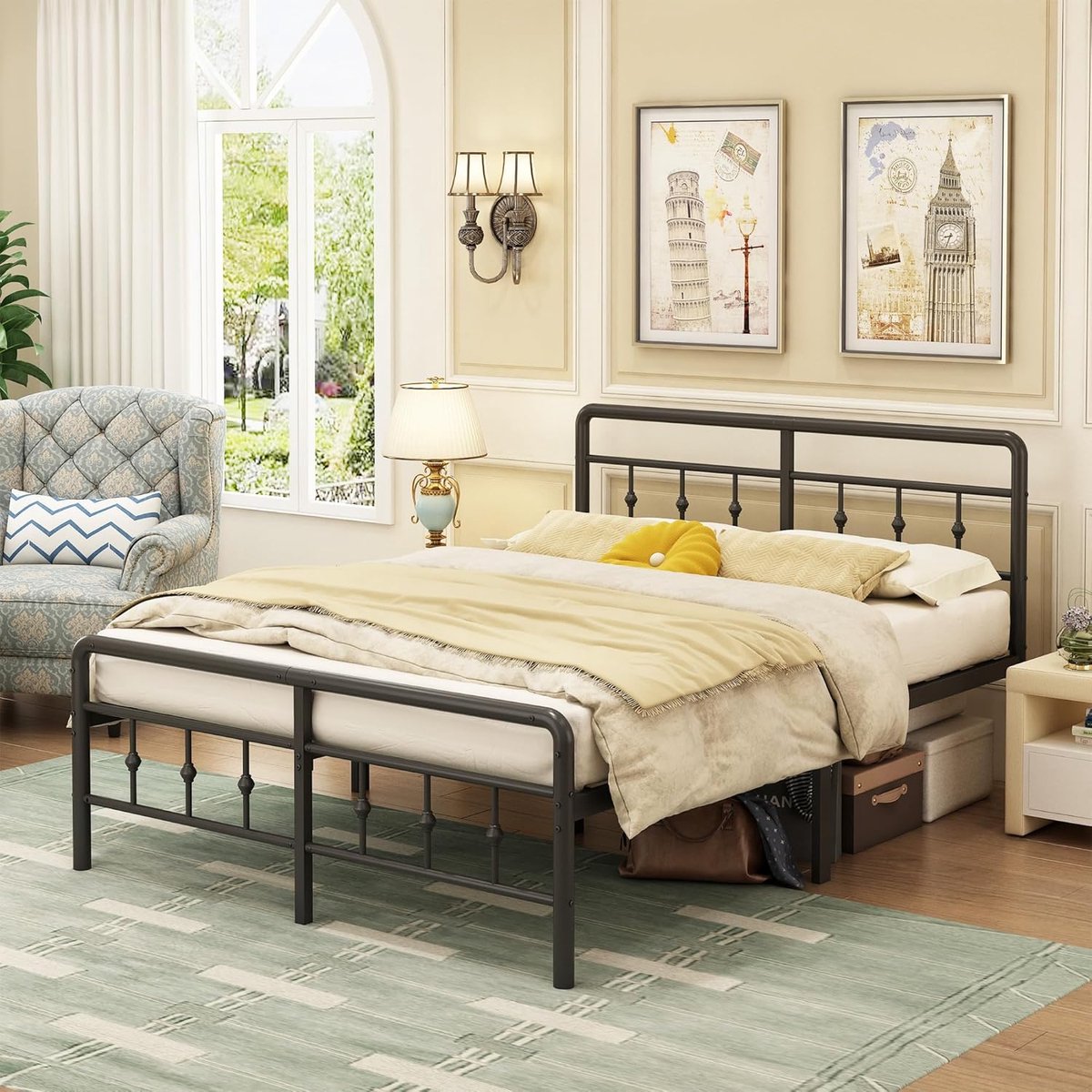 Metalen Bedframe 120 x 200 cm met Hoofdeinde en Voetenbord, Heavy Duty Bedframe 46 cm hoog met stalen lattenbodem, Eenvoudige montage, Geluidsvrij, Zwart