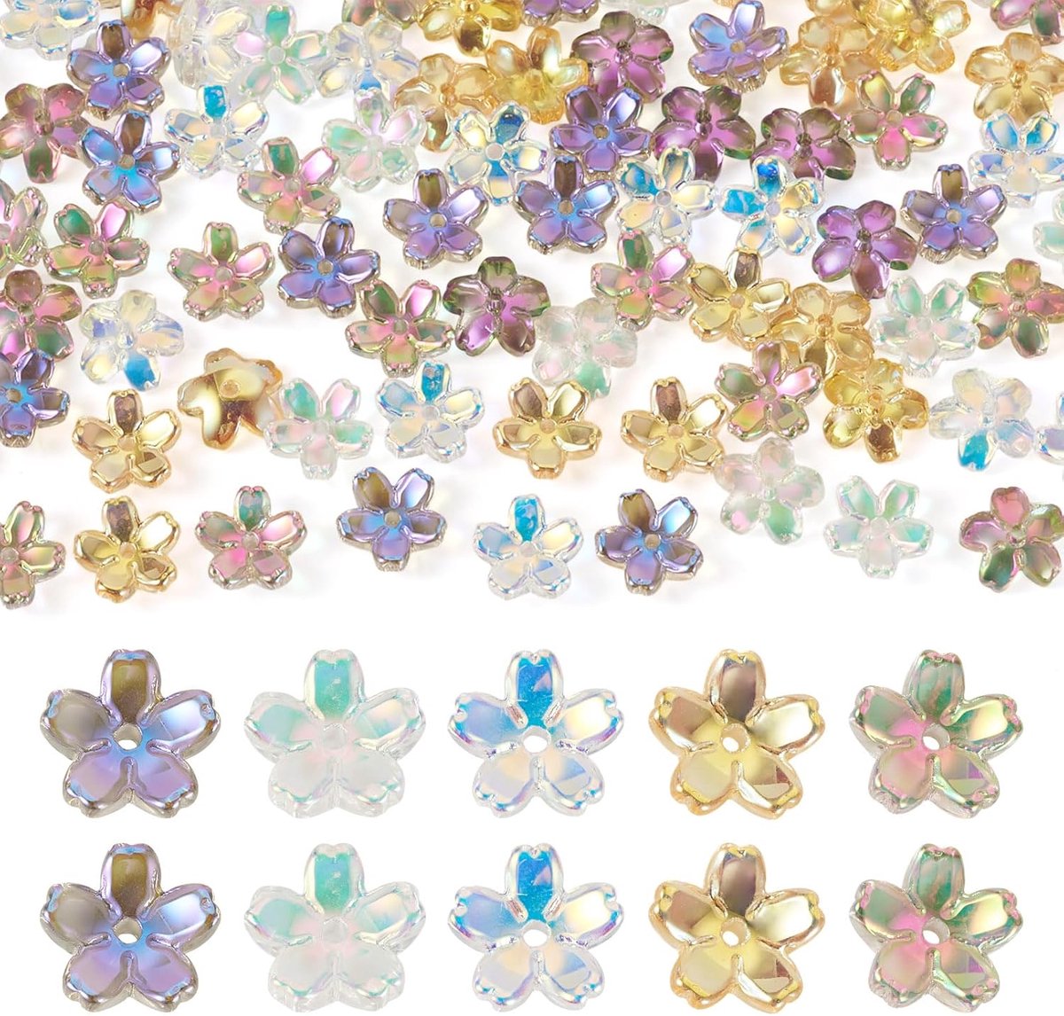 100 stuks bloemen glazen kraal caps iriserende transparante kraal cap 5-patal 5 kleuren ambachten spacer kralen 11 mm galvaniseren glazen kralen einde bulk voor DIT armband oorbel sieraden
